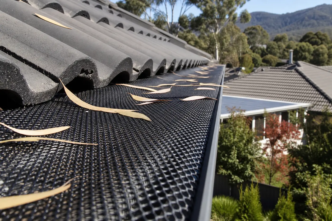 Mesh gutter guard along the edge of a Canberra tile roof with gum leaves resting on top