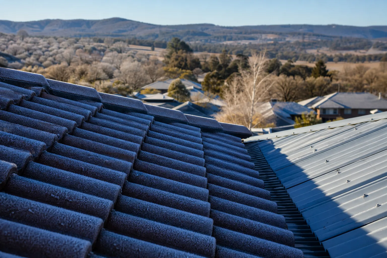 Frost-covered tile roof on a Canberra home on a cold winter morning